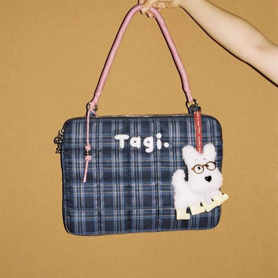 Oxford cloth plaid letters print laptop tote bag one shoulder 33x24x4cm blue and orange
