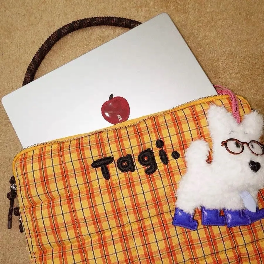 Oxford cloth plaid letters print laptop tote bag one shoulder 33x24x4cm blue and orange