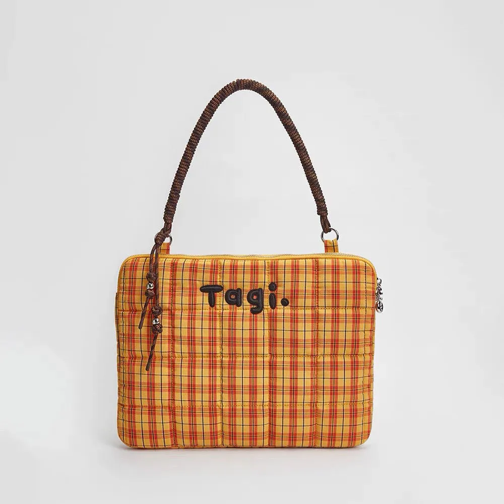 Oxford cloth plaid letters print laptop tote bag one shoulder 33x24x4cm blue and orange