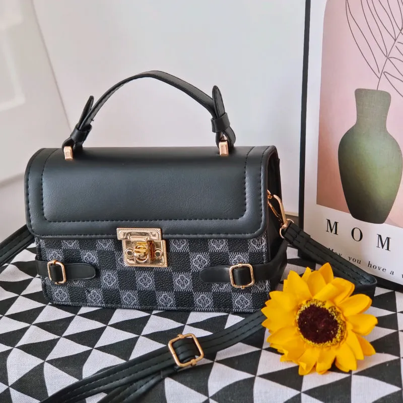 Retro small square pattern crossbody bag in apricot colour, showing horizontal square shape and stitching detail.