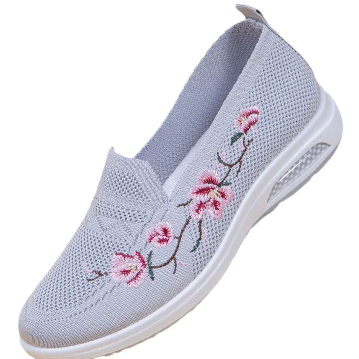 Women's embroidered breathable cloth shoes with soft rubber sole, flat heel, and round toe in multiple colours