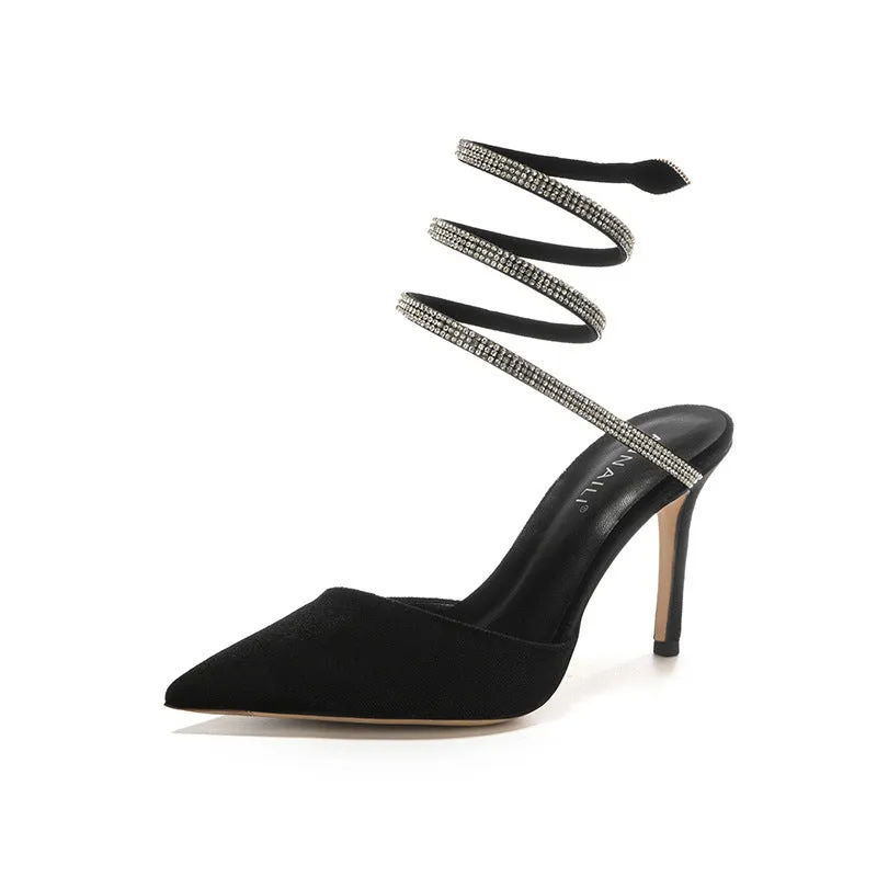 Women's pointed stiletto heel high heels in black velvet with ankle strap cross tie closure