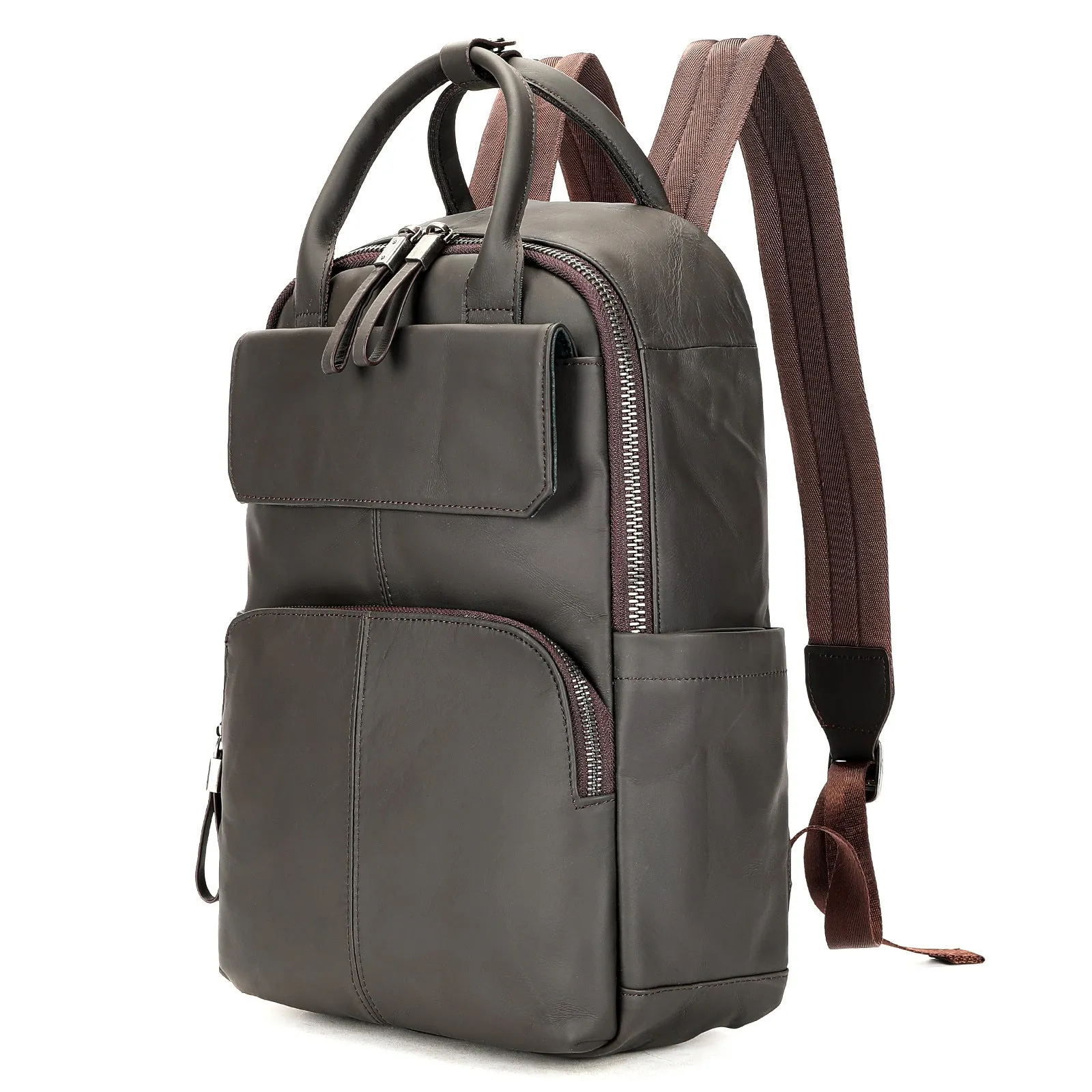 Genuine leather retro backpack in brown with visible sewing thread, waterproof and wear-resistant for daily use