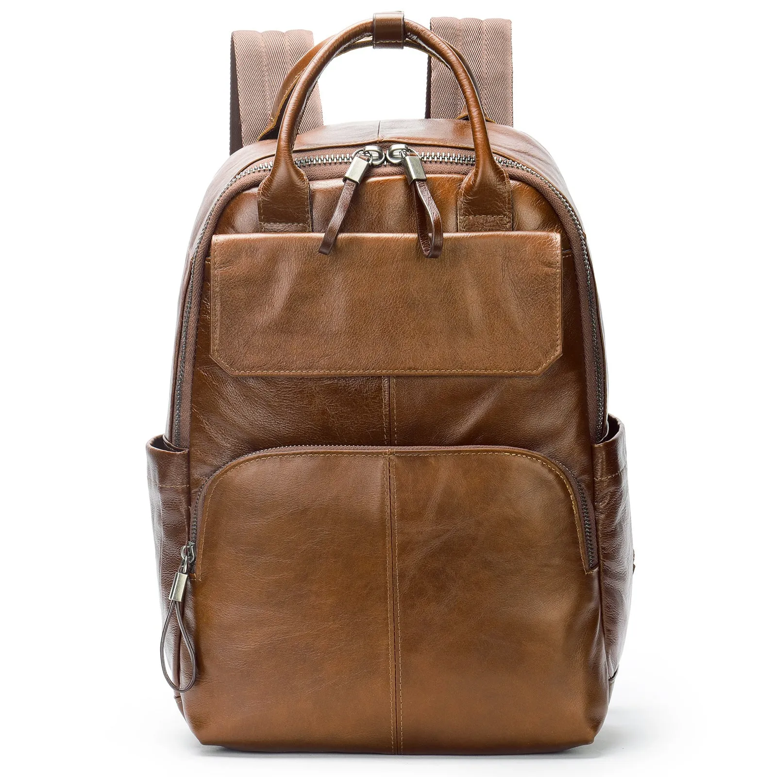 Genuine leather retro backpack in brown with visible sewing thread, waterproof and wear-resistant for daily use