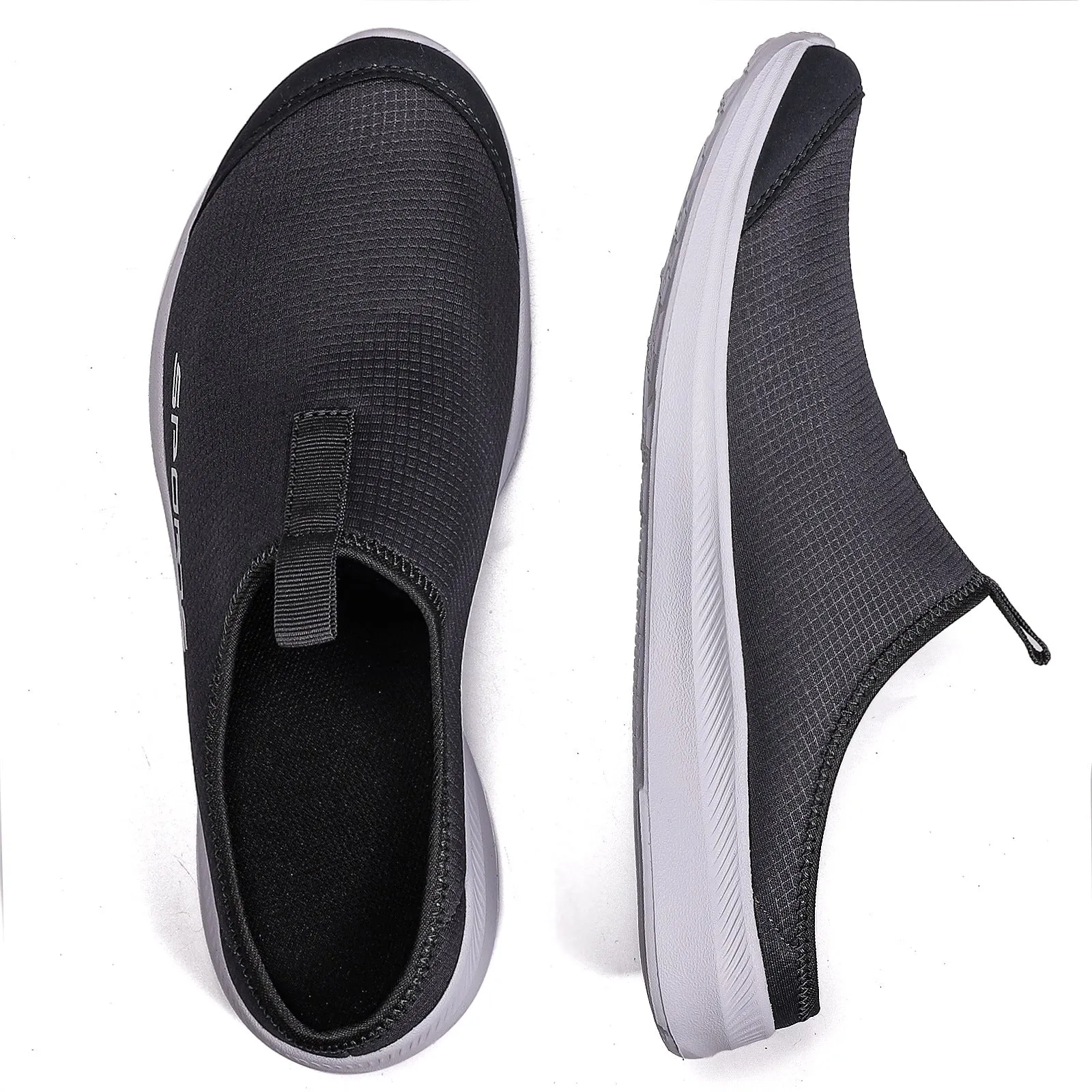 Men's breathable mesh half slippers in khaki with EVA sole, shown on a light background