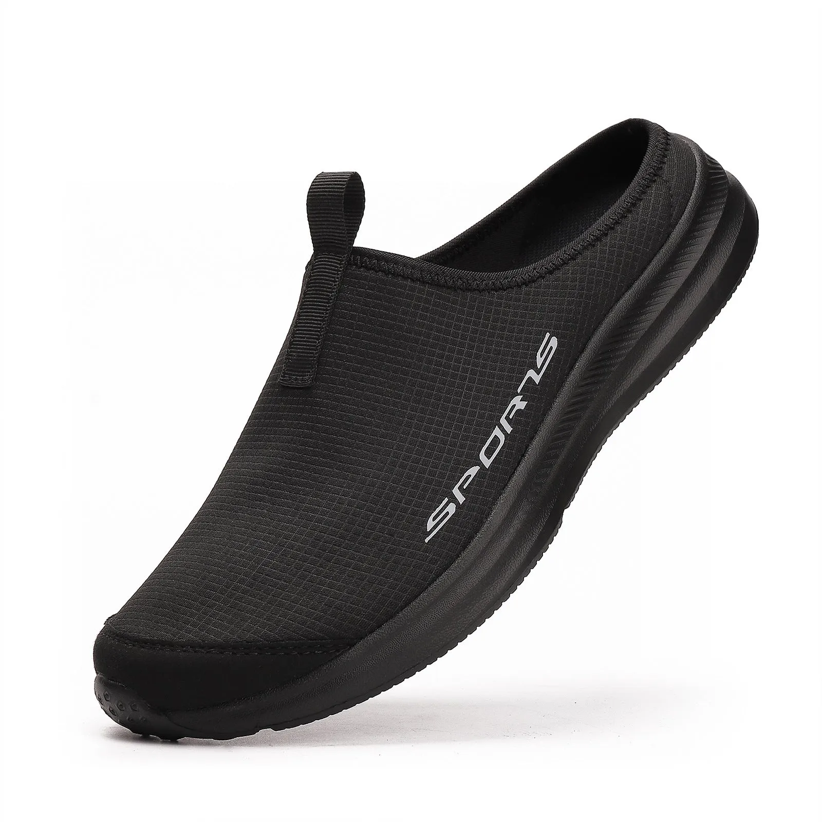 Men's breathable mesh half slippers in khaki with EVA sole, shown on a light background