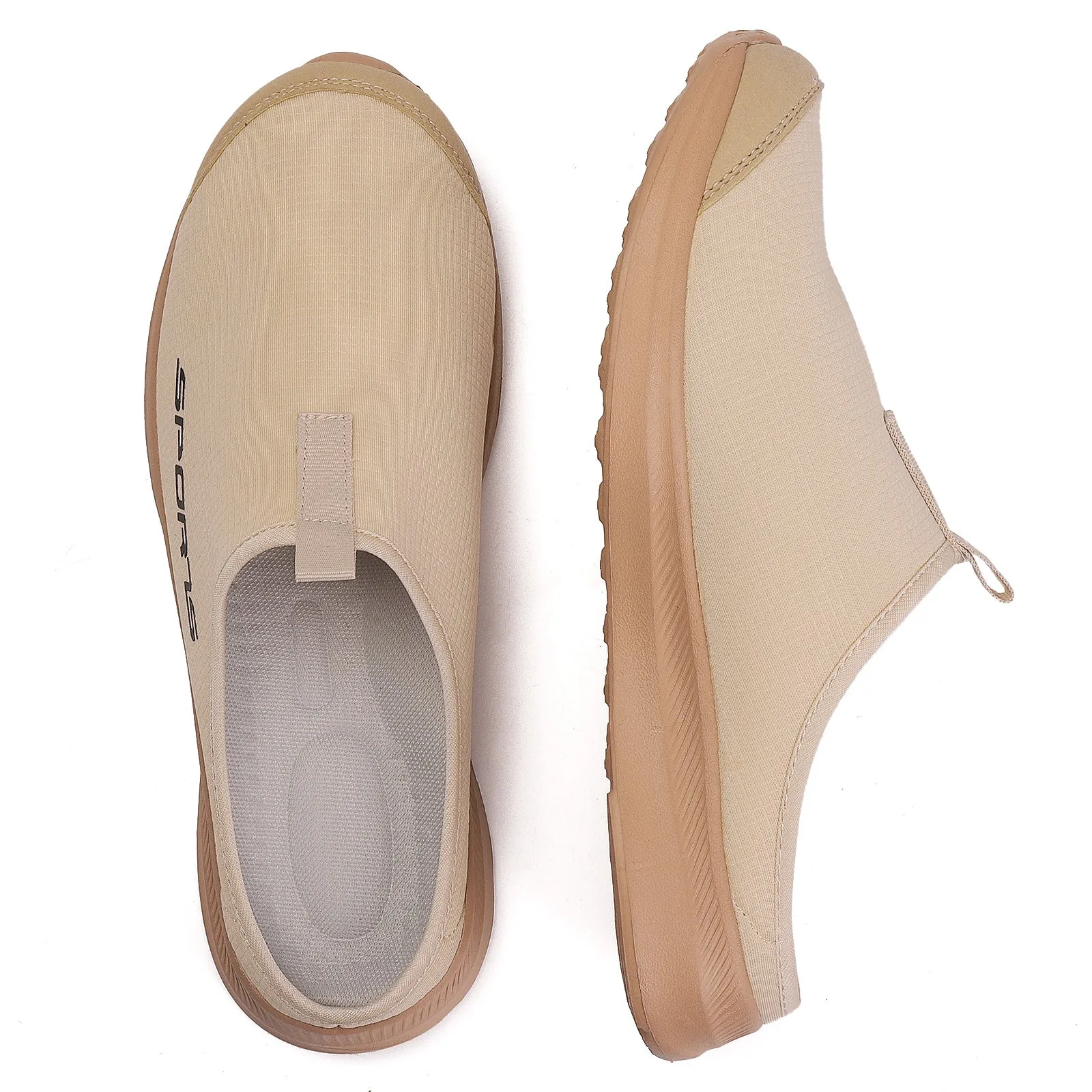 Men's breathable mesh half slippers in khaki with EVA sole, shown on a light background