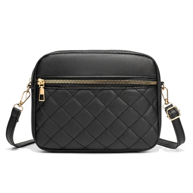 PU leather crossbody bag in horizontal square shape with large-capacity, diamond mesh and stitching details, available in white, black, pink