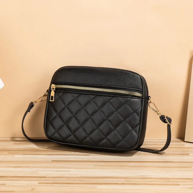 PU leather crossbody bag in horizontal square shape with large-capacity, diamond mesh and stitching details, available in white, black, pink