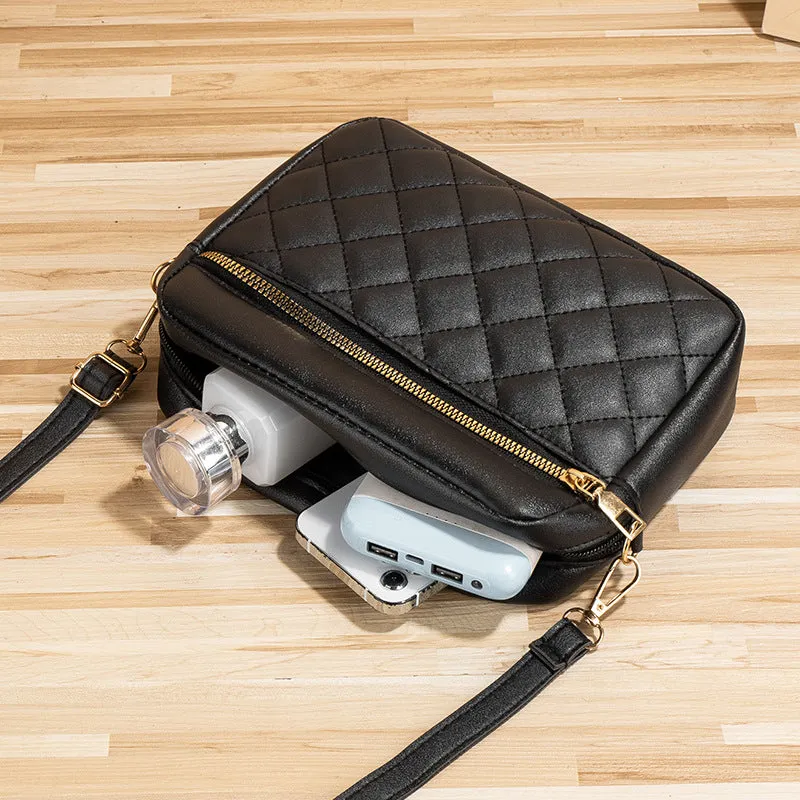 PU leather crossbody bag in horizontal square shape with large-capacity, diamond mesh and stitching details, available in white, black, pink