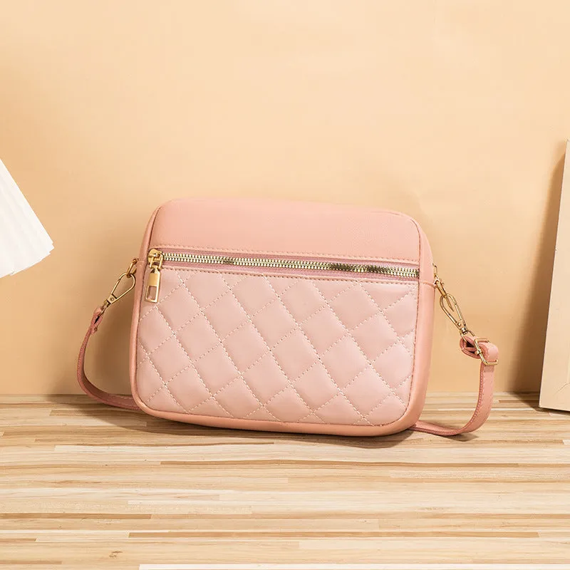 PU leather crossbody bag in horizontal square shape with large-capacity, diamond mesh and stitching details, available in white, black, pink