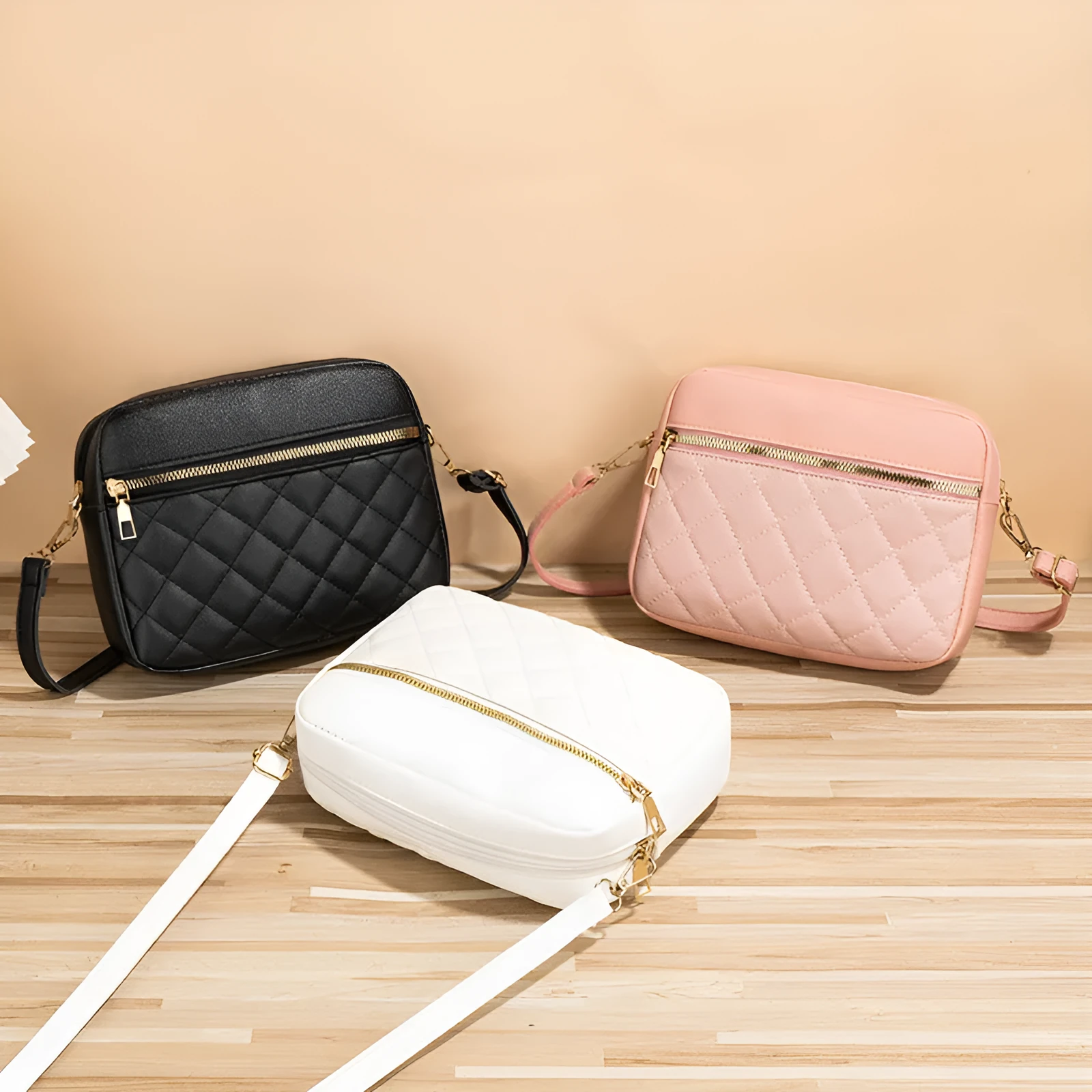 PU leather crossbody bag in horizontal square shape with large-capacity, diamond mesh and stitching details, available in white, black, pink