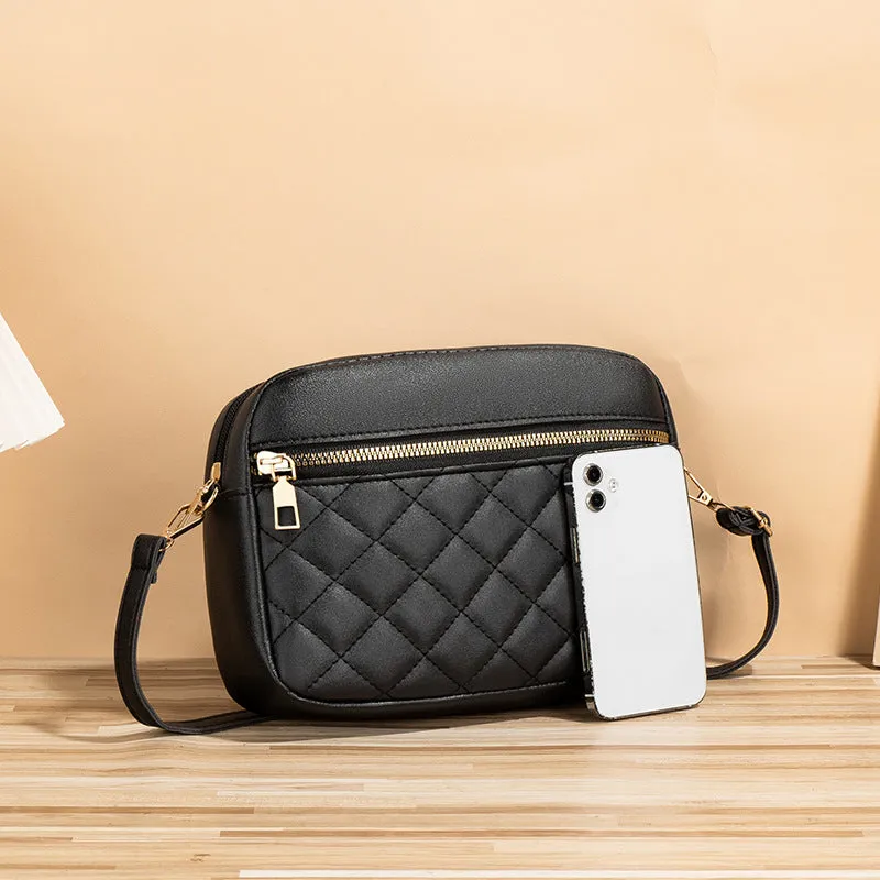 PU leather crossbody bag in horizontal square shape with large-capacity, diamond mesh and stitching details, available in white, black, pink