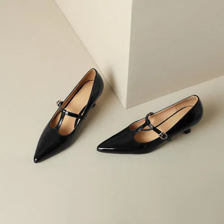 Women's genuine leather square toe high heels with 6-8cm heel in black, apricot or red colour options