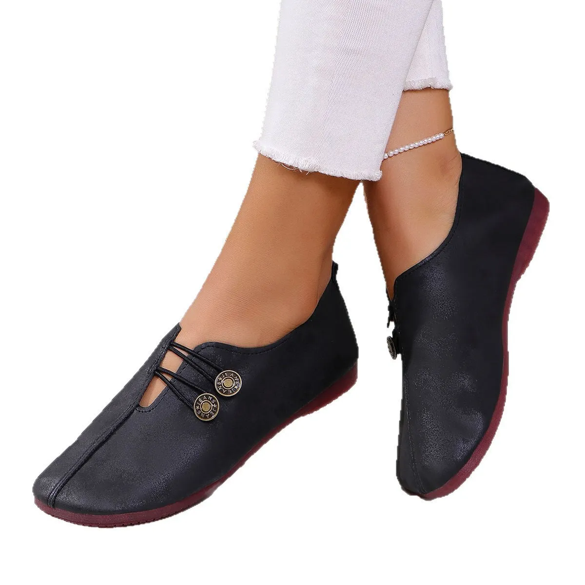 Women's square toe slip-on flat sandals in black artificial PU with rubber sole