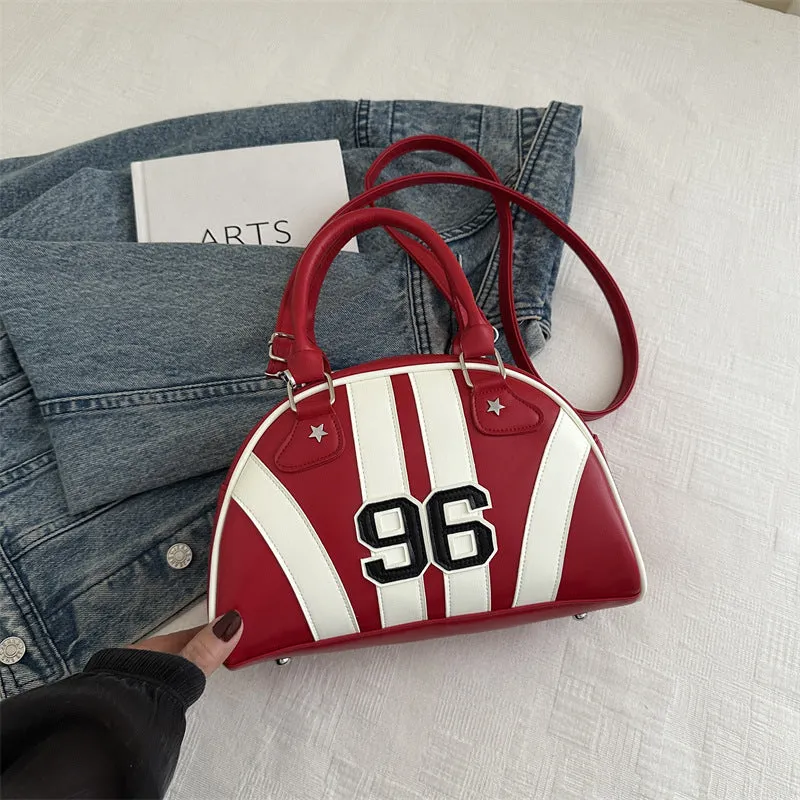 Colour blocking stripe contrast single shoulder bag in PU with stitching details, medium hardness dumpling shape