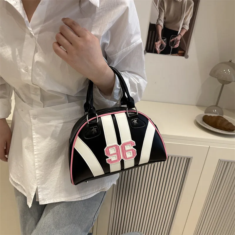Colour blocking stripe contrast single shoulder bag in PU with stitching details, medium hardness dumpling shape