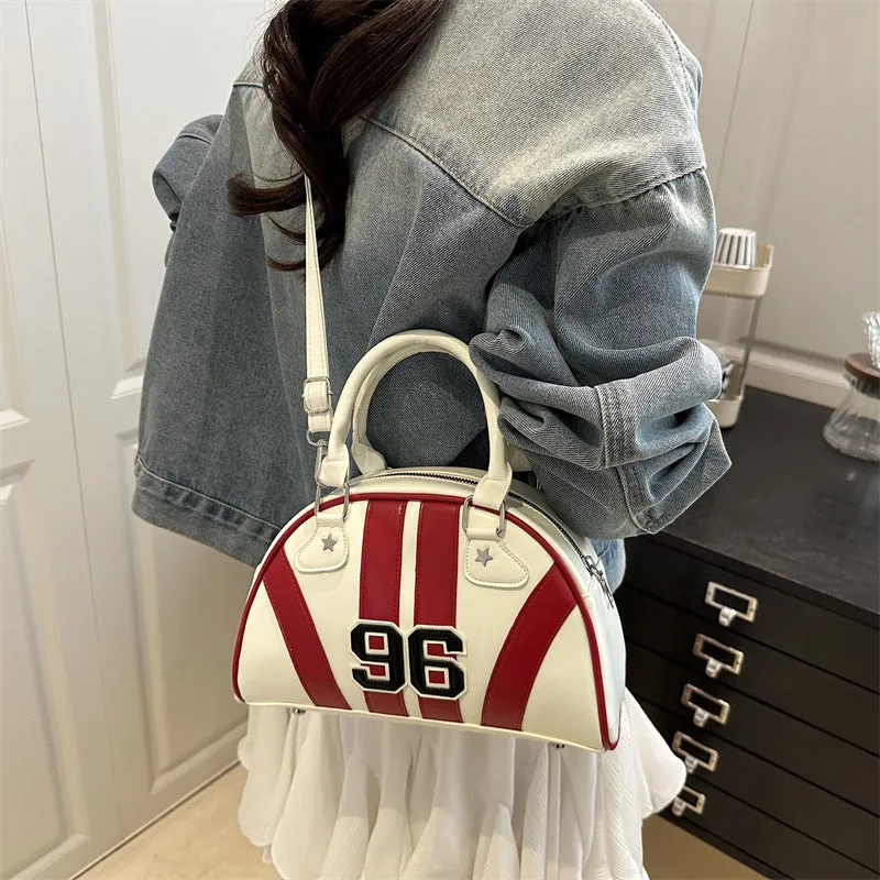 Colour blocking stripe contrast single shoulder bag in PU with stitching details, medium hardness dumpling shape