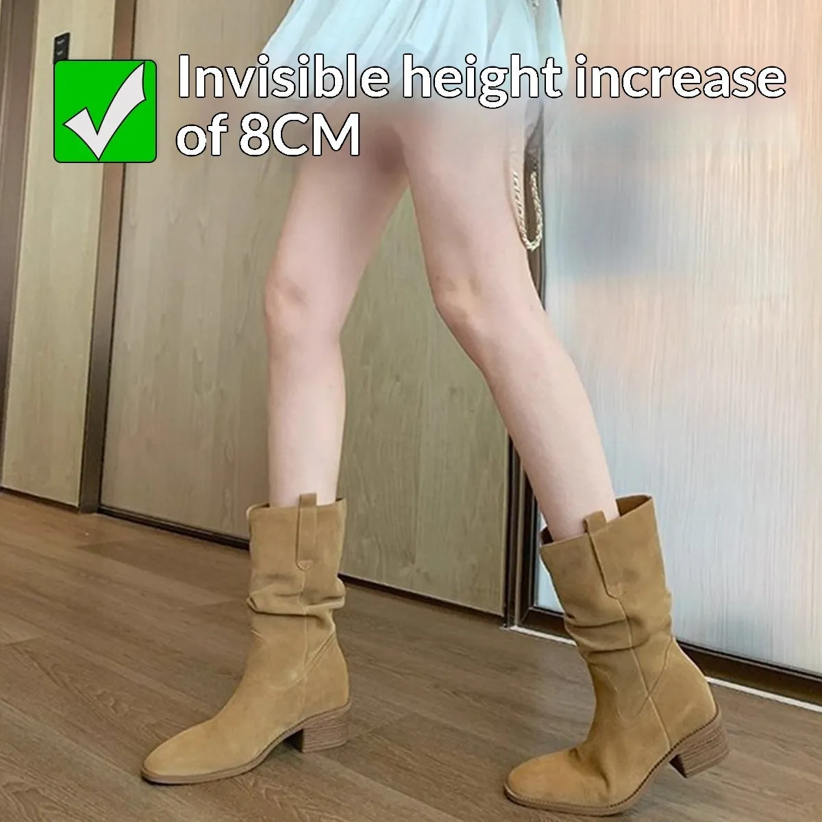 Women's 8cm chunky heel ankle boots in khaki with round toe, slip-on style, and high shaft design
