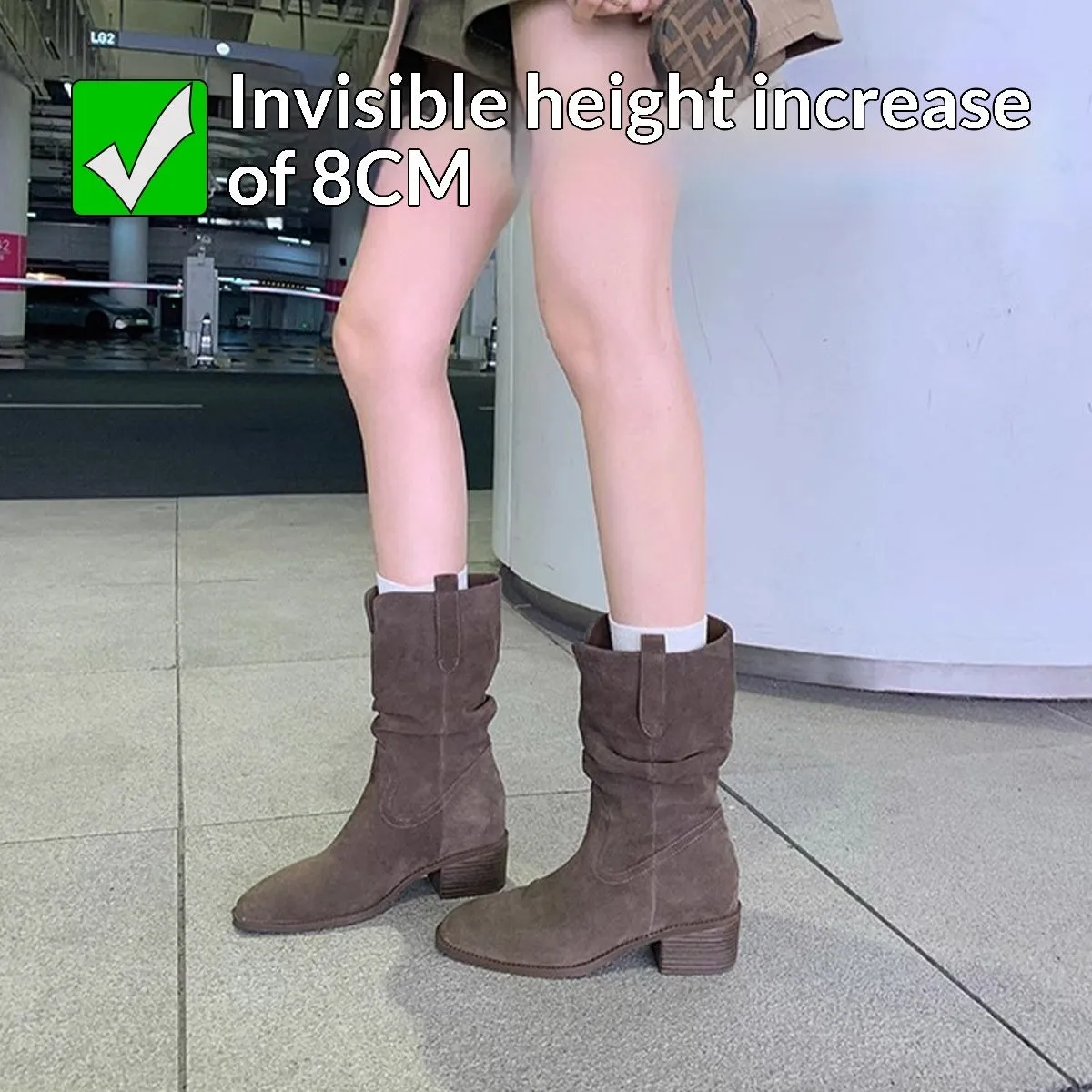 Women's 8cm chunky heel ankle boots in khaki with round toe, slip-on style, and high shaft design