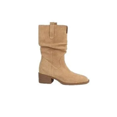 Women's 8cm chunky heel ankle boots in khaki with round toe, slip-on style, and high shaft design