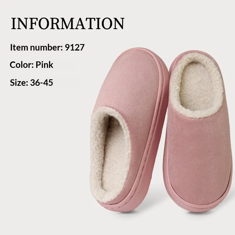 Indoor anti-slip plush slippers with rubber sole and satin upper in beige colour, round toe design, available in multiple sizes.