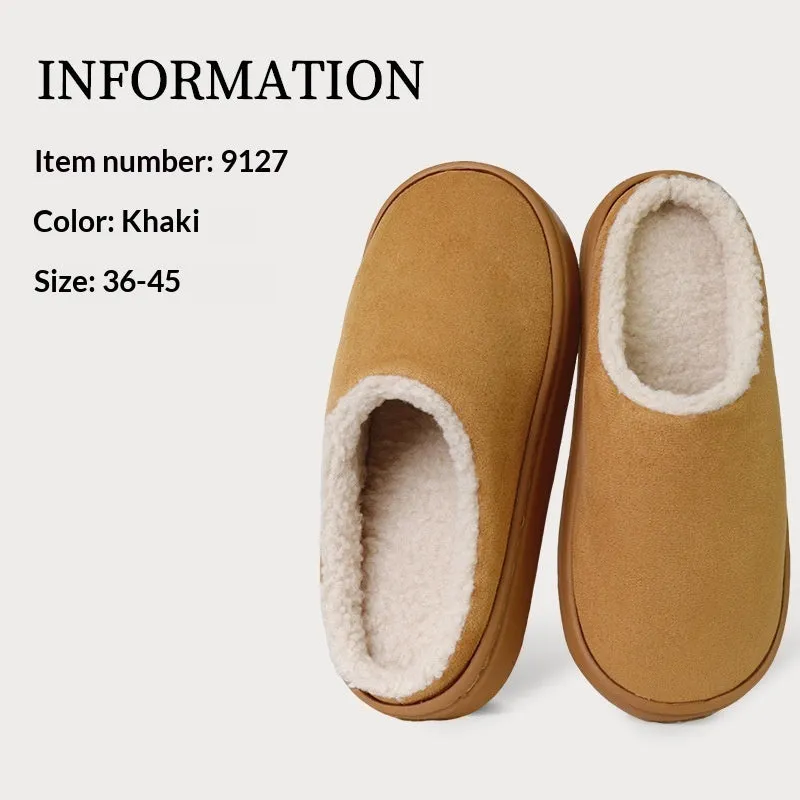 Indoor anti-slip plush slippers with rubber sole and satin upper in beige colour, round toe design, available in multiple sizes.