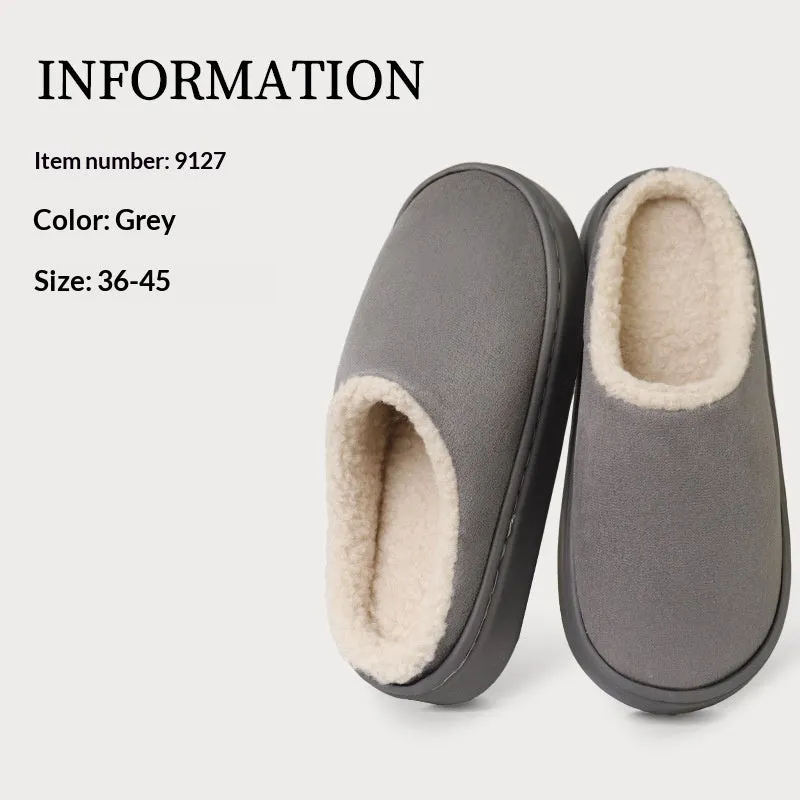 Indoor anti-slip plush slippers with rubber sole and satin upper in beige colour, round toe design, available in multiple sizes.