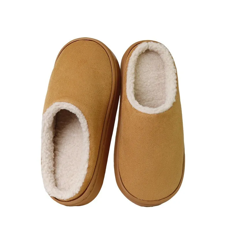 Indoor anti-slip plush slippers with rubber sole and satin upper in beige colour, round toe design, available in multiple sizes.