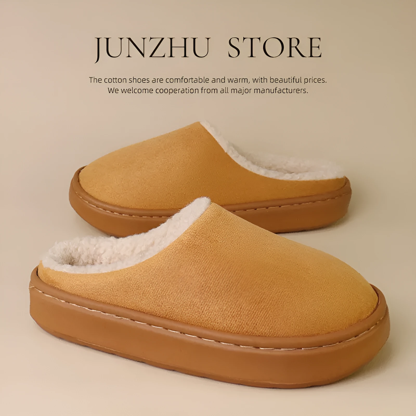 Indoor anti-slip plush slippers with rubber sole and satin upper in beige colour, round toe design, available in multiple sizes.