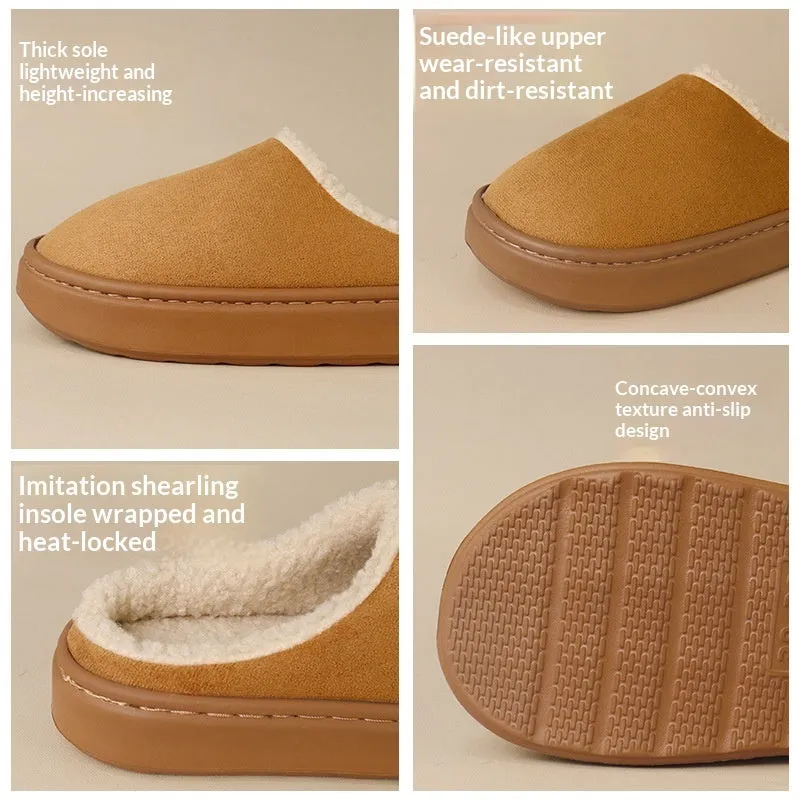 Indoor anti-slip plush slippers with rubber sole and satin upper in beige colour, round toe design, available in multiple sizes.