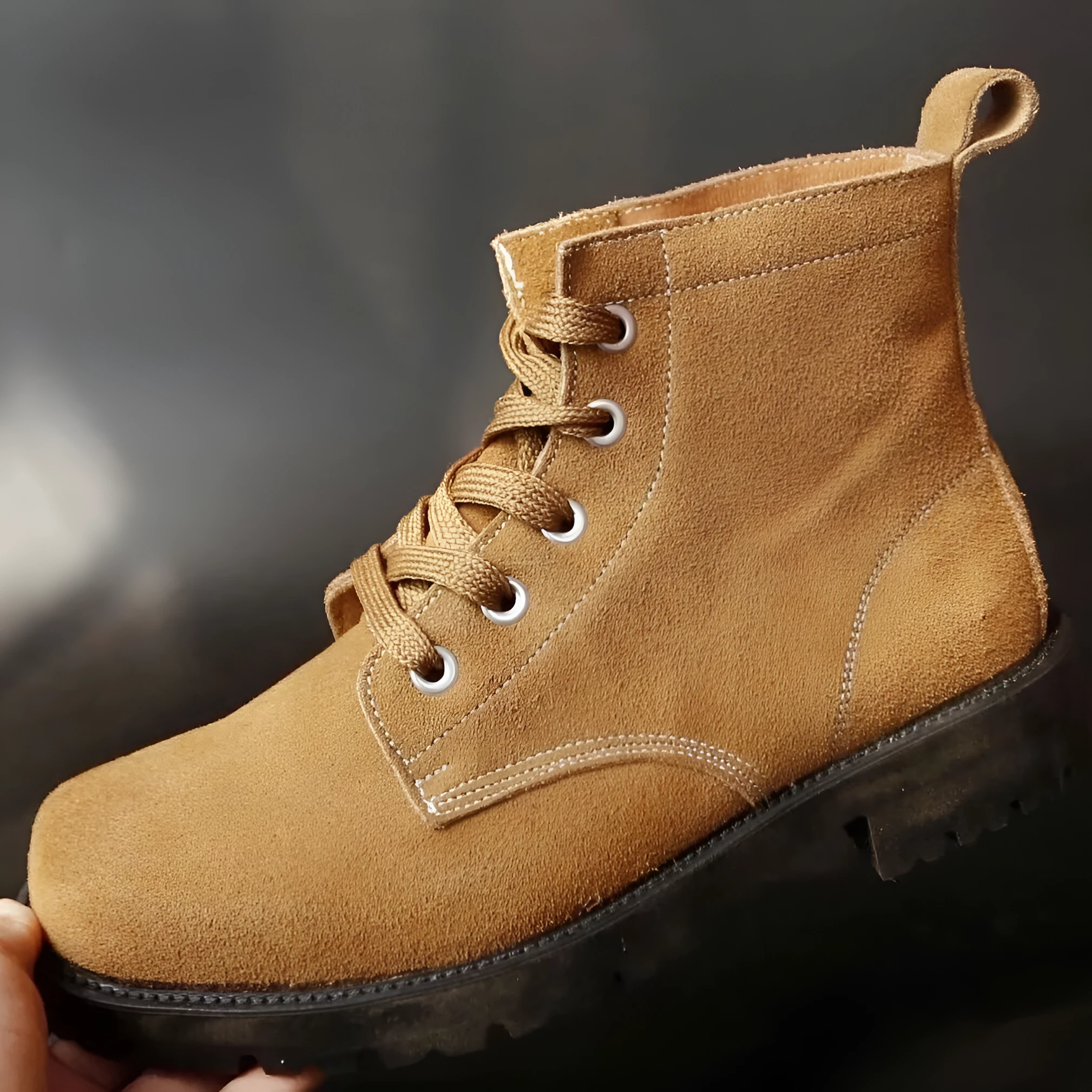 Brown film-coated leather safety boots with leather splicing, steel toe, high shaft, and rubber sole