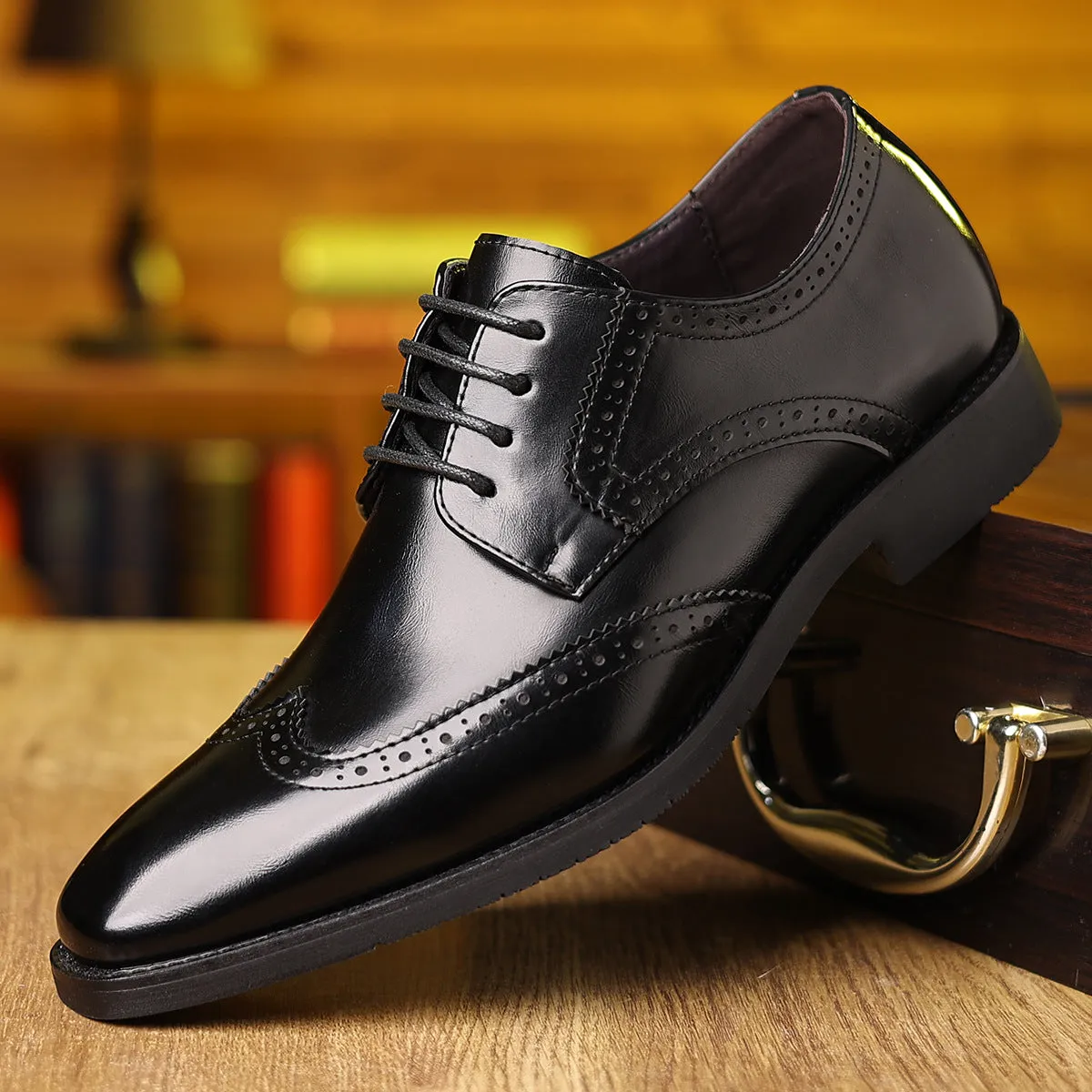 Men's soft-soled casual business formal leather shoes, carved artificial PU upper, black colour, rubber outsole