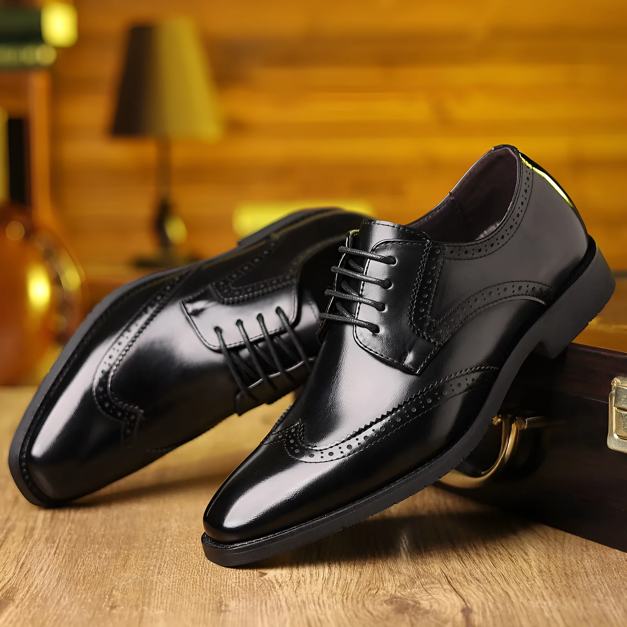 Men's soft-soled casual business formal leather shoes, carved artificial PU upper, black colour, rubber outsole