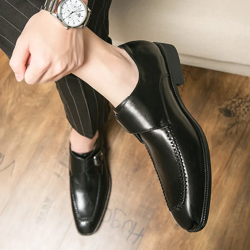 Men's square toe low-top buckle dress shoes in brown microfiber suede leather with stitching detail and rubber sole
