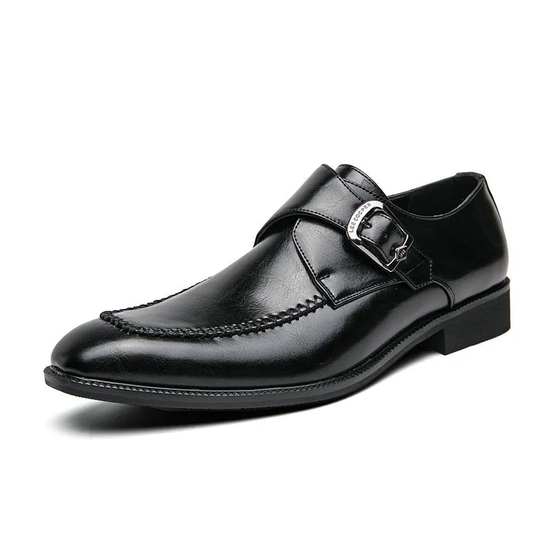 Men's square toe low-top buckle dress shoes in brown microfiber suede leather with stitching detail and rubber sole