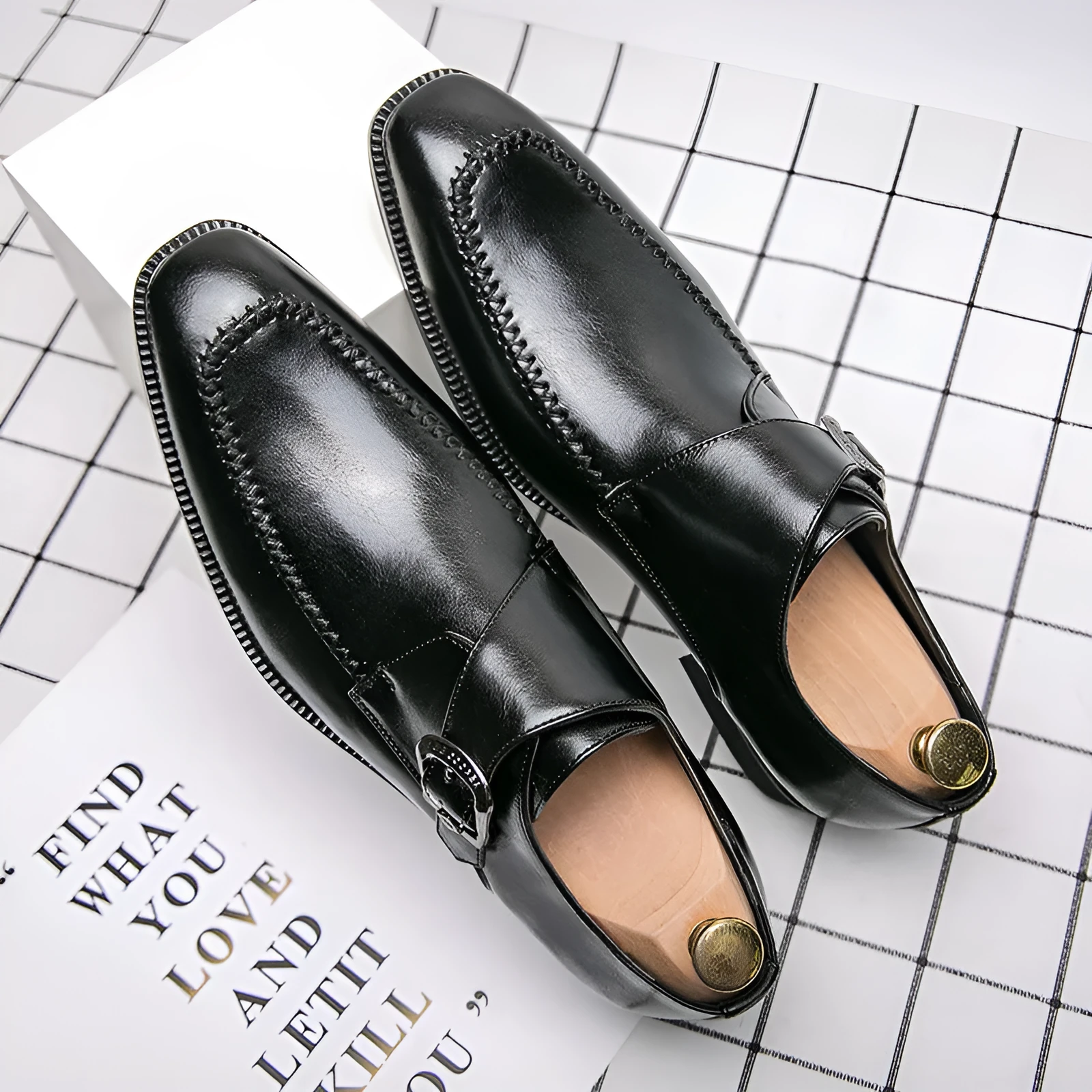 Men's square toe low-top buckle dress shoes in brown microfiber suede leather with stitching detail and rubber sole