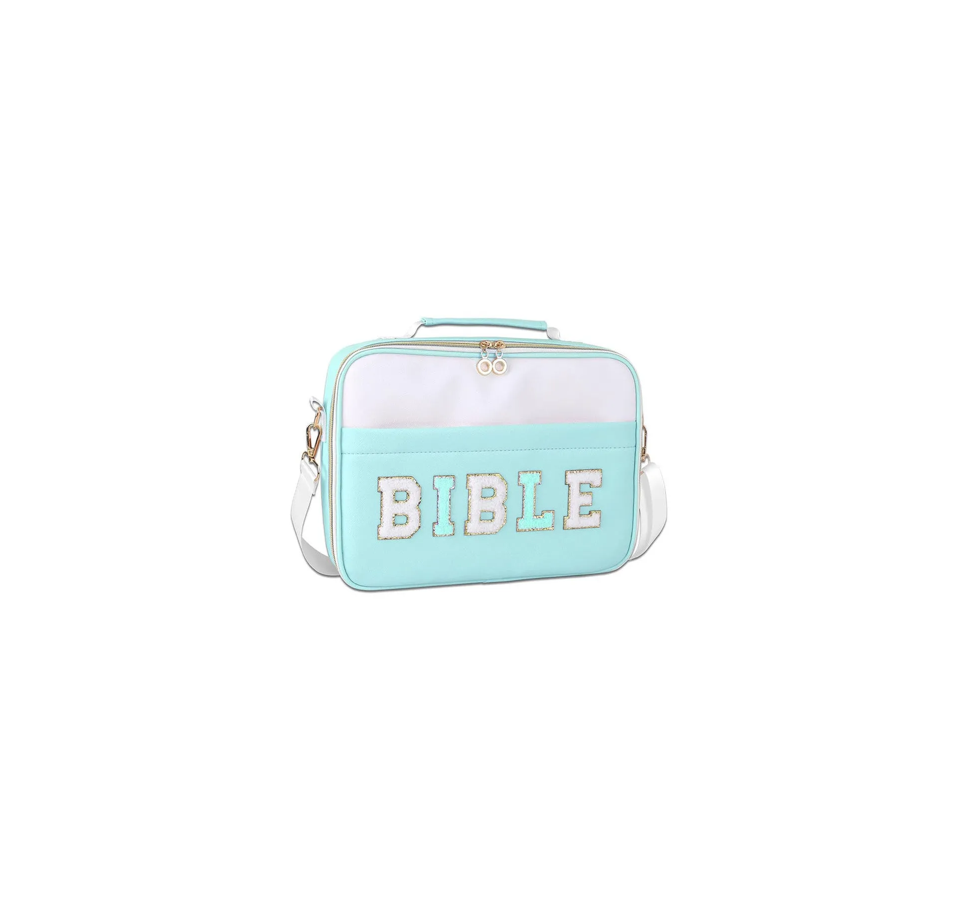 PU letter-pattern book handbag in light blue, 30.5x23 cm, with zippered top, on a white background