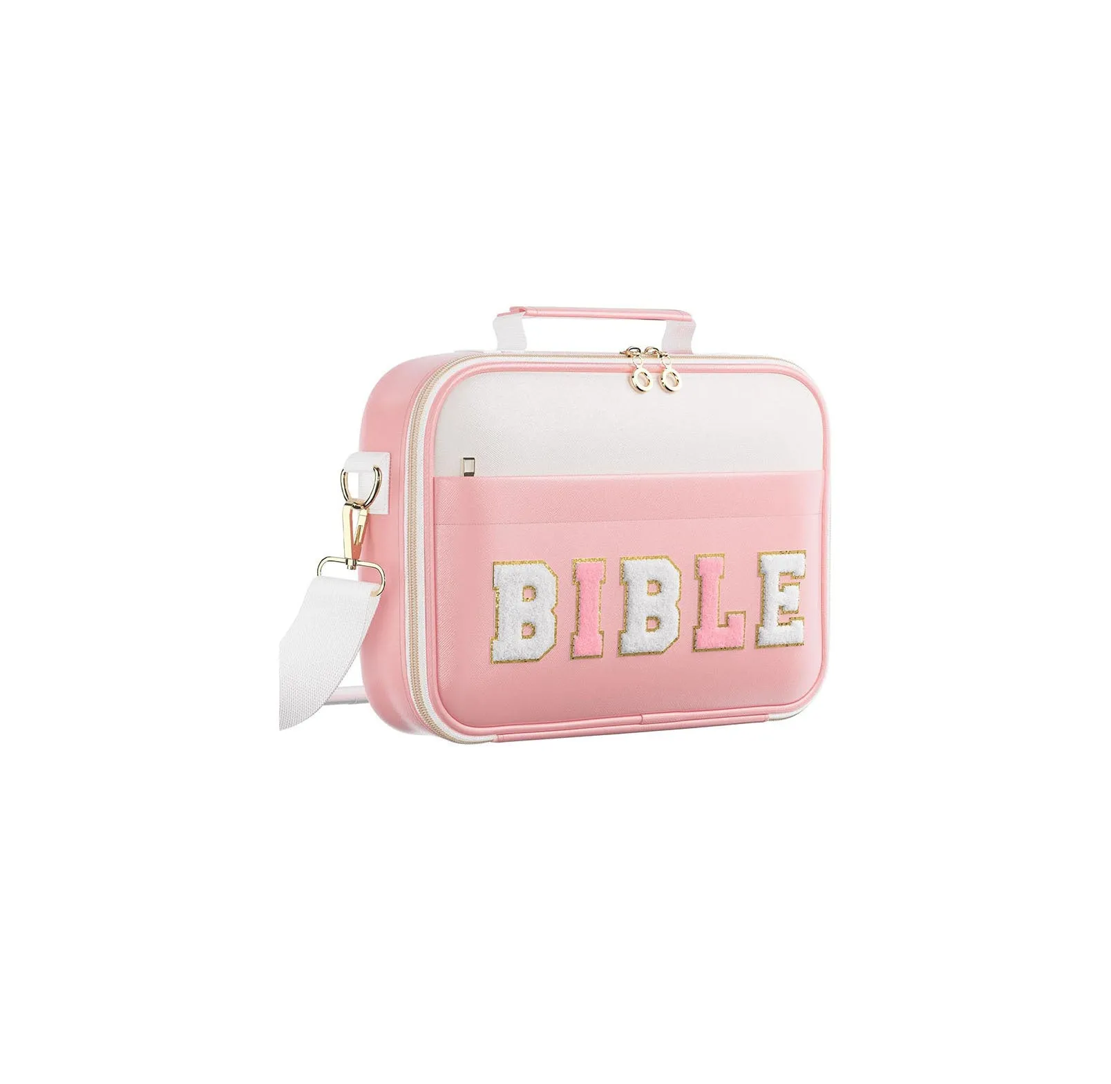 PU letter-pattern book handbag in light blue, 30.5x23 cm, with zippered top, on a white background