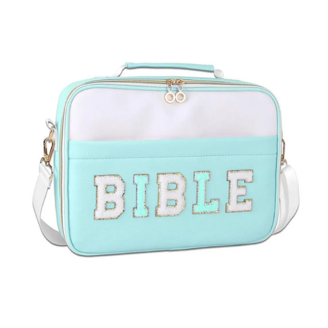 PU letter-pattern book handbag in light blue, 30.5x23 cm, with zippered top, on a white background