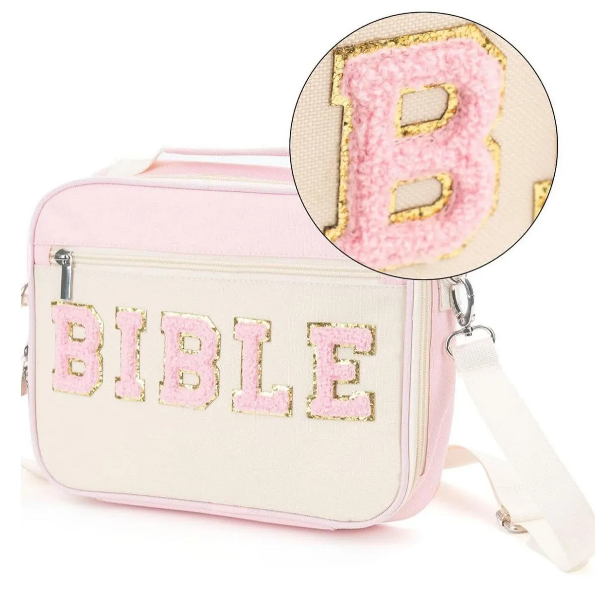 PU letter-pattern book handbag in light blue, 30.5x23 cm, with zippered top, on a white background