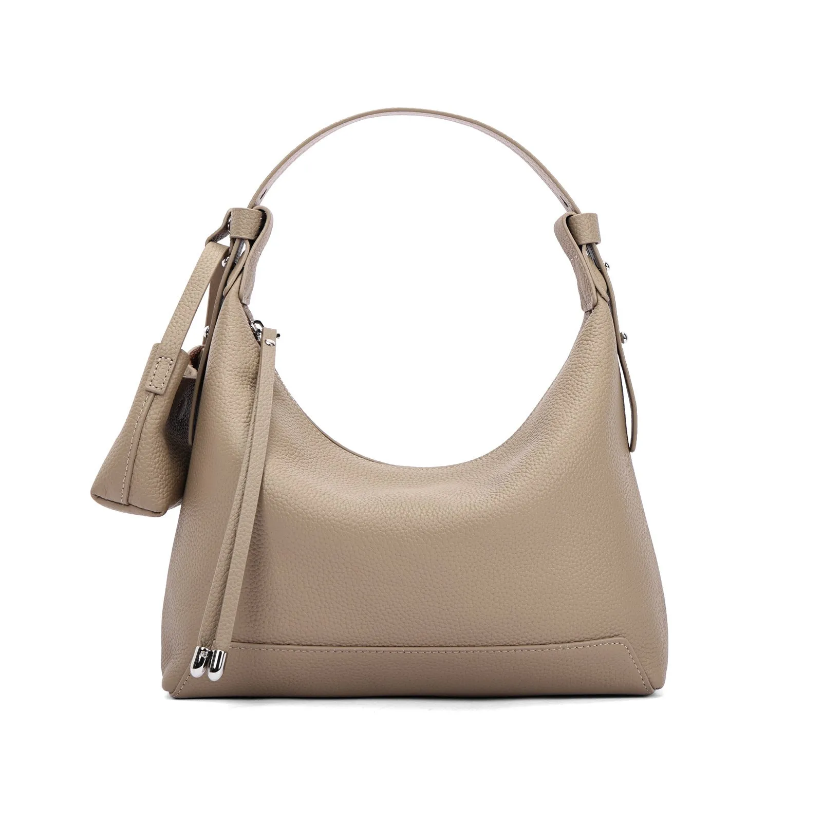 Genuine cowhide leather women's shoulder bag in urban simplicity style, shown in soft construction.