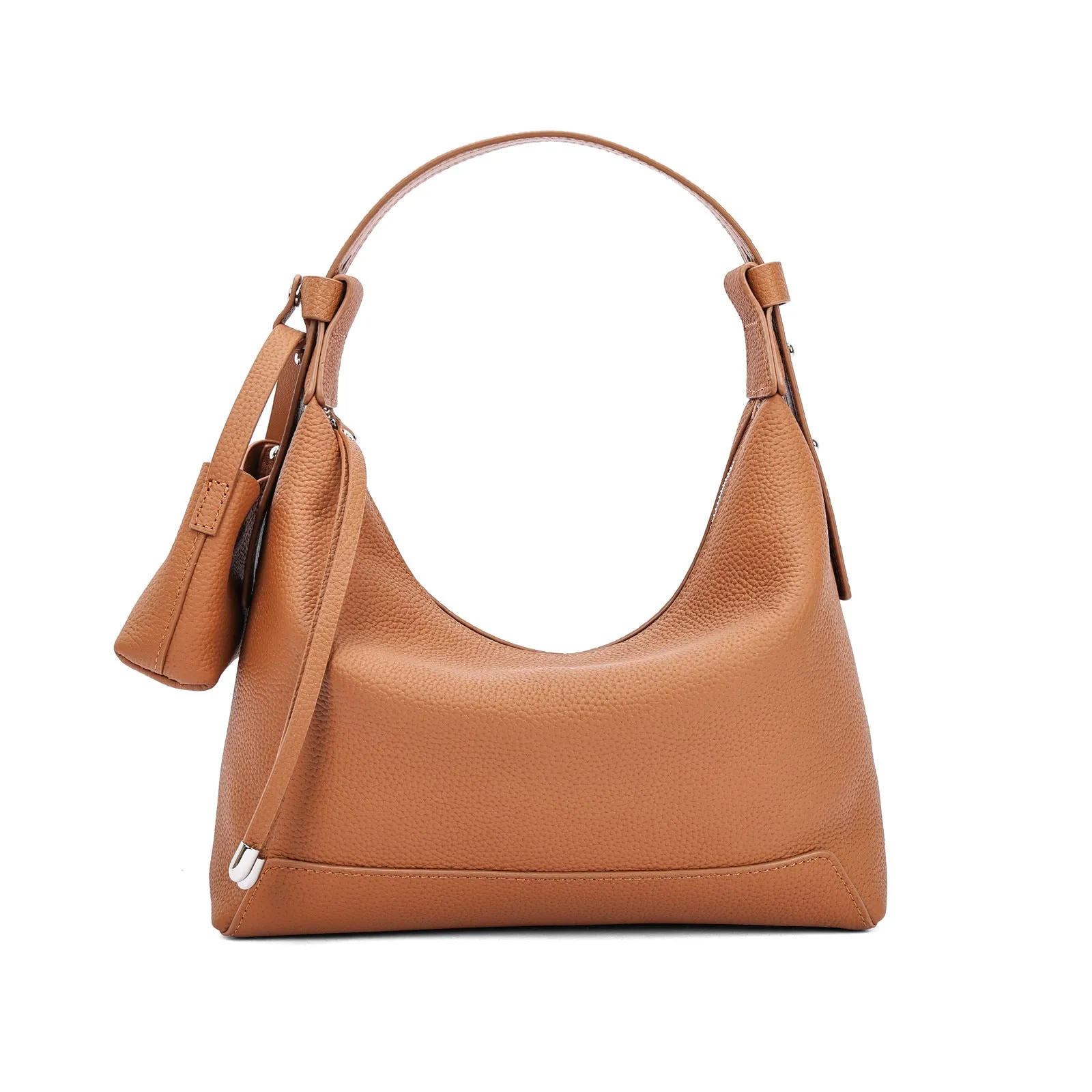 Genuine cowhide leather women's shoulder bag in urban simplicity style, shown in soft construction.
