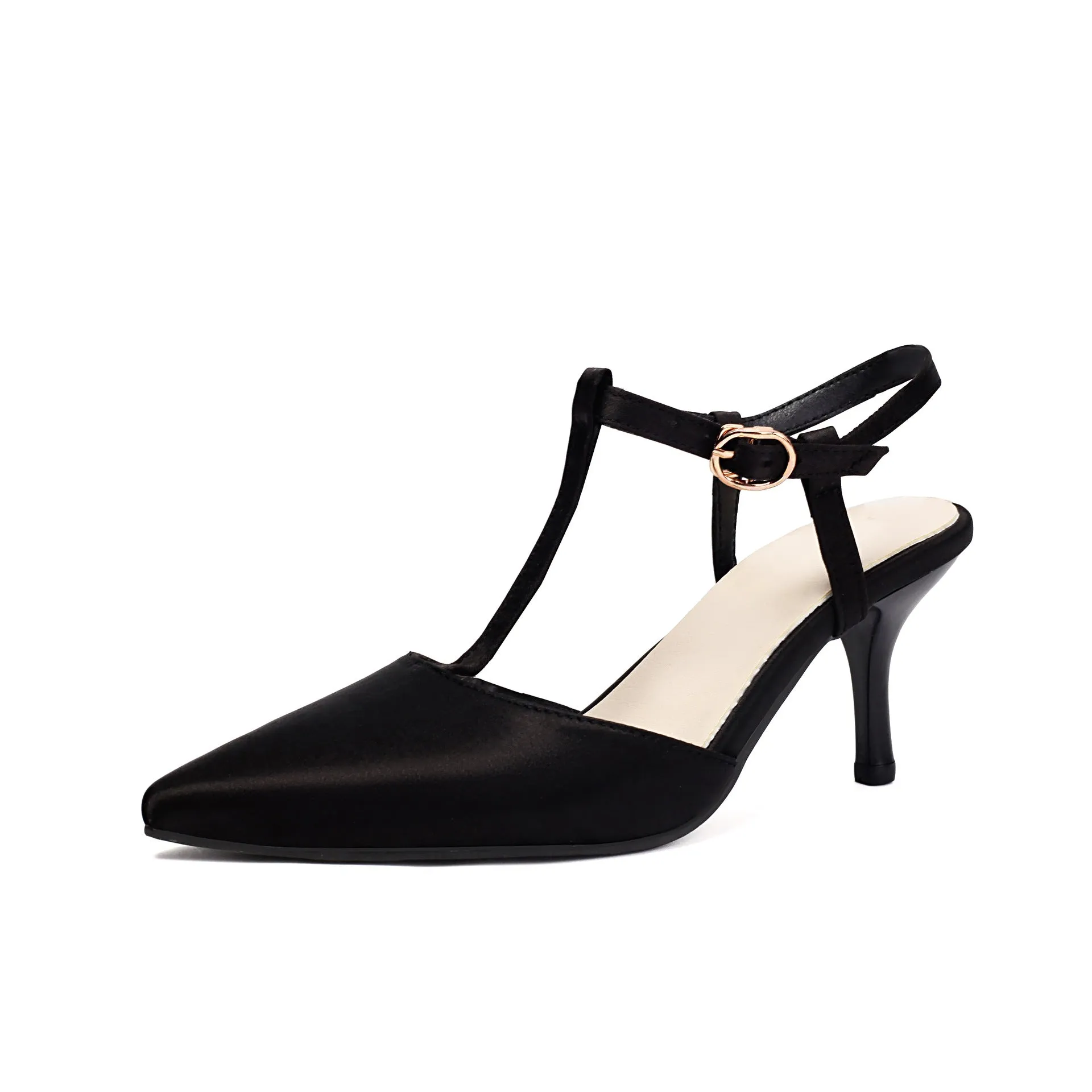 Pointed T-strap high heels in top grain leather, available in black and brown