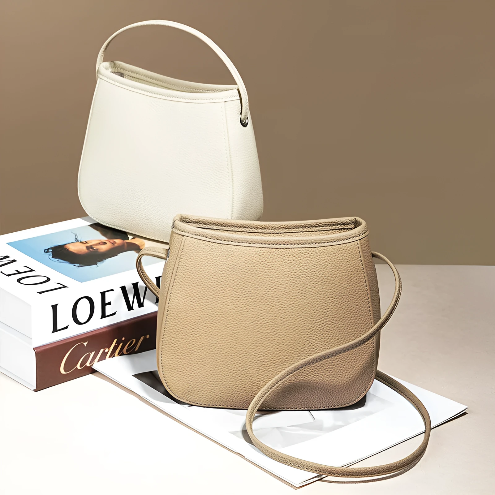 Women's genuine cowhide leather messenger bag in square vertical model with internal organiser compartments