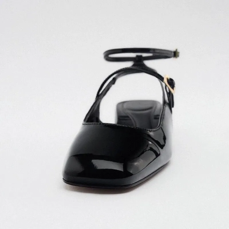 Women's black patent leather block heel square toe open back sandals with 4CM heel
