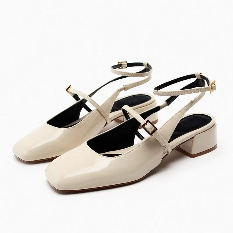 Women's black patent leather block heel square toe open back sandals with 4CM heel