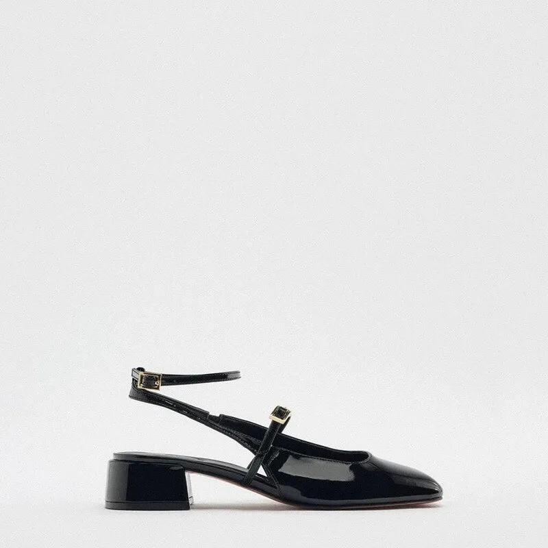 Women's black patent leather block heel square toe open back sandals with 4CM heel