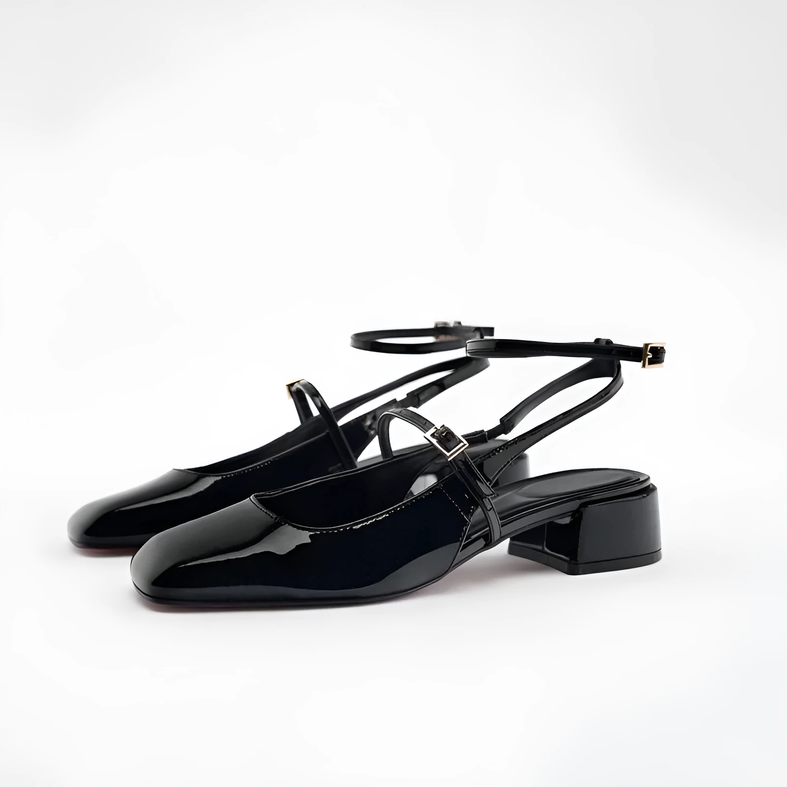 Women's black patent leather block heel square toe open back sandals with 4CM heel