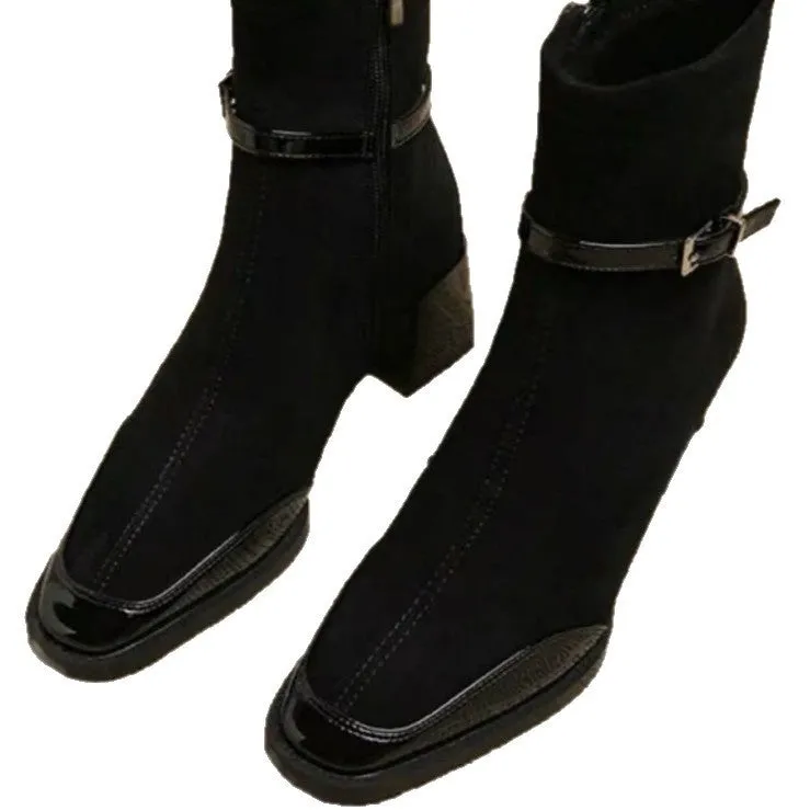 Retro French British style black suede ankle boots with square toe and thick heel